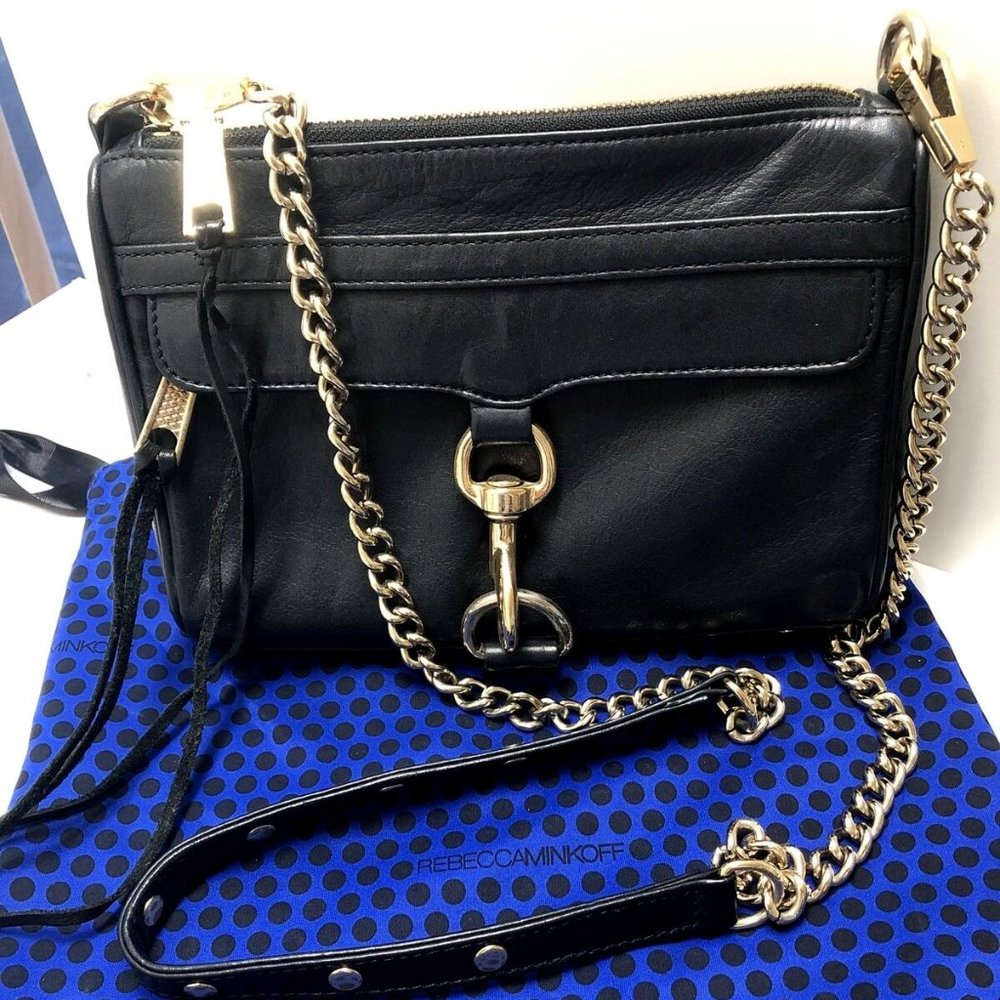 REBECCA MINKOFF LEATHER MINI M.A.C. CROSSBODY SHOULDER CLUTCH BAG BLACK GOLD